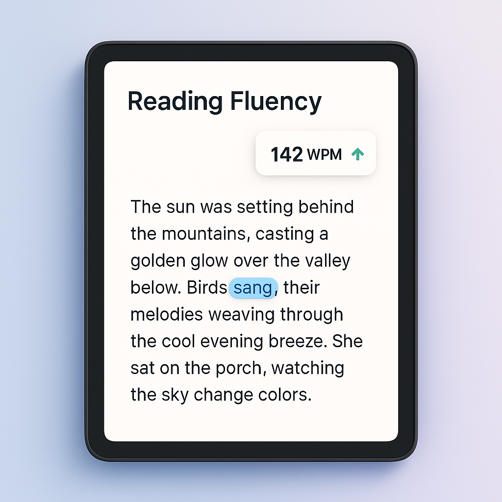 Reading fluency interface with live WPM counter and word highlighting